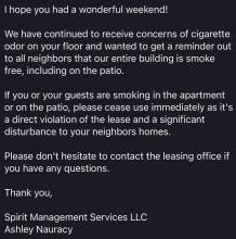 Ashley's email falsely accusing me of smoking.